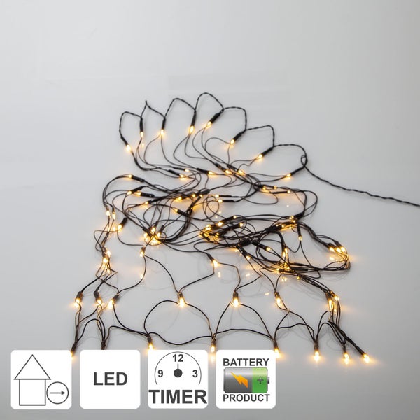 Skizze eines Lichterkettennetzes mit den Maßen 1,50 Meter mal 80 Zentimeter. Geeignet für drei AA Batterien, die nicht enthalten sind. Mit Timerfunktion.