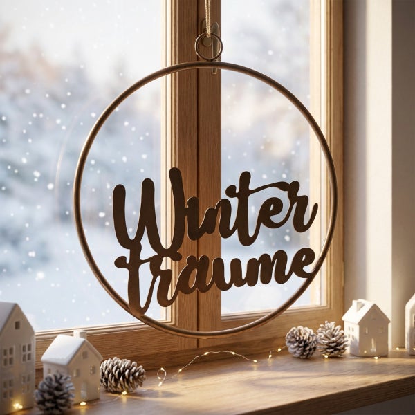 Metallring zum Aufhängen mit Wintertraume Schriftzug als weihnachtliche Fensterdekoration auf einer Holzfensterbank mit Häuschen und Tannenzapfen