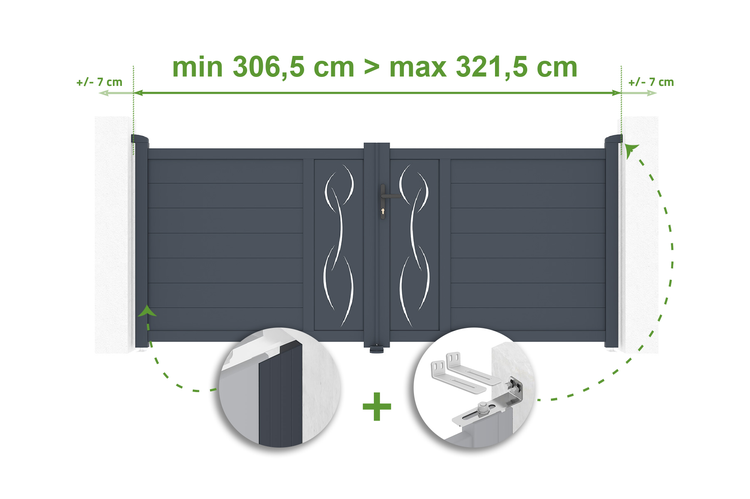 Toransicht mit Größenangaben und Detailansichten der Installation