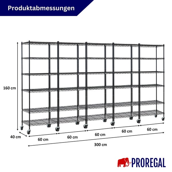 Produktabmessungen Metallregal auf Rollen: Höhe 160 Zentimeter, Breite 300 Zentimeter, Tiefe 40 Zentimeter. PROREGAL Logo.