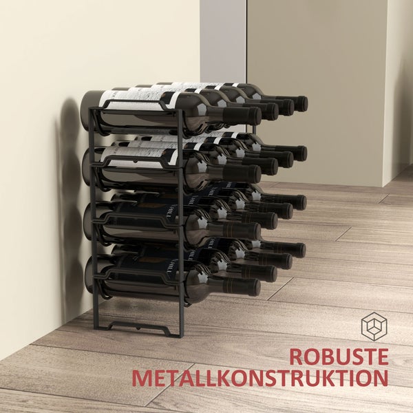 HOMCOM Weinregal Flaschenregal für 16 Weinflaschen, Flaschenhalter Aufbewahrungsregal aus Metall, Weinflaschenregal für Küche, Esszimmer Schwarz