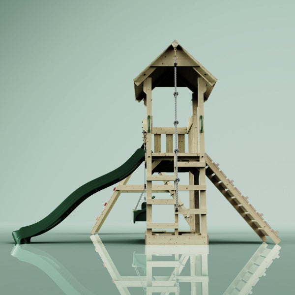 Spielturm aus Holz mit Rutsche, Leiter und Kletterseil