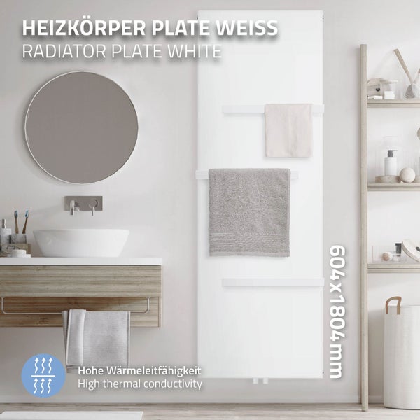 ML-Design Badheizkörper 1800x604 mm Weiß mit 3x Handtuchhalter, Flach Einlagig, Design Heizkörper mit Mittelanschluss Vertikal Planheizkörper Glatte Vertikalheizkörper Paneelheizkörper Flachheizkörper