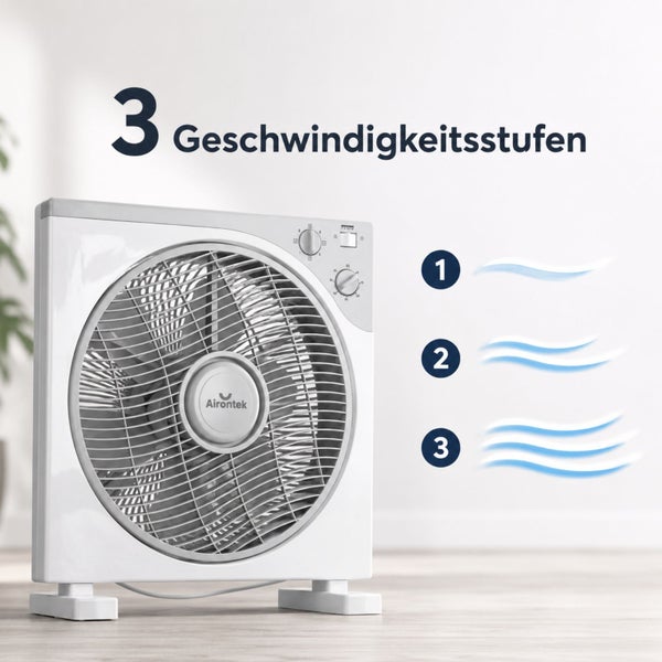 Quadratischer Bodenventilator von Airontek mit drei Geschwindigkeitsstufen.