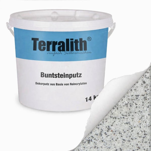 Terralith Buntsteinputz im 14 Kilogramm Eimer inklusive Detailansicht der feinkörnigen grau-weißen Putzstruktur.