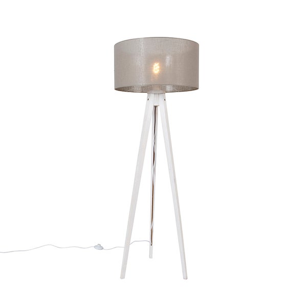 QAZQA - Modern Modernes Stehlampenstativ weiß mit Schirm taupe 50 cm - Tripod I Dreifuß Lampe I Dreifuss Classic I Wohnzimmer I Schlafzimmer - Holz Rund - LED geeignet E27