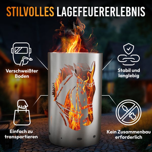 Feuerkorb mit Pferde Motiv für ein stilvolles Lagerfeuererlebnis, mit verschweißtem Boden, stabil, langlebig, einfach zu transportieren und kein Zusammenbau erforderlich.