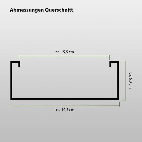 Querschnittsdarstellung mit Abmessungen: circa 15,5 cm breit, circa 6,0 cm hoch und circa 19,5 cm tief