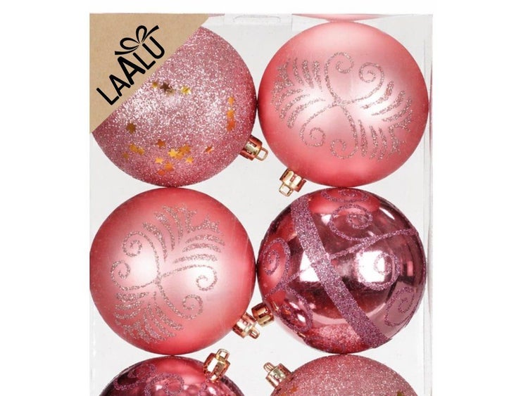 Set mit weihnachtlichen Christbaumkugeln in verschiedenen Oberflächengestaltungen mit Laalu Logo