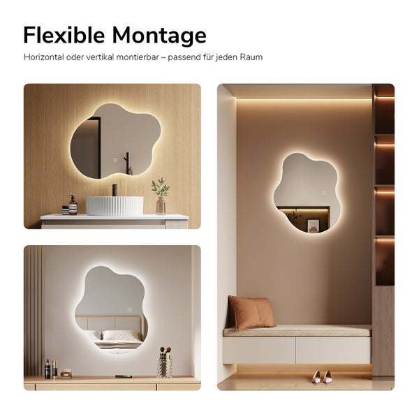 Asymmetrischer LED-Wandspiegel in organischer Form, horizontal oder vertikal montierbar, gezeigt in Badezimmer, Schlafzimmer und Flur.
