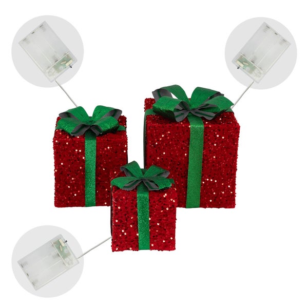 ECD Germany 3er Set LED Geschenkboxen Weihnachten mit Schleifen, Rot-Grün, Warmweiß, batteriebetrieben, mit Timer, Weihnachtsdeko Geschenk Beleuchtet Weihnachtsbaum Dekoration Weihnachtsgeschenkbox