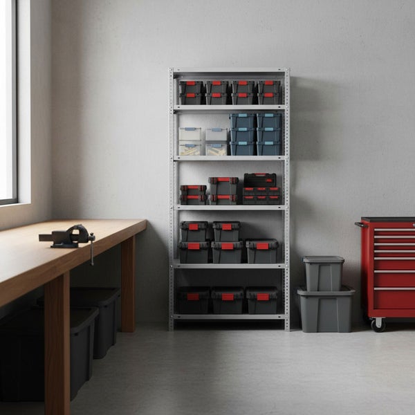 Helle Werkstatt mit Metallregal voller Aufbewahrungsboxen, einer Holzwerkbank mit Schraubstock und einem Werkstattwagen.