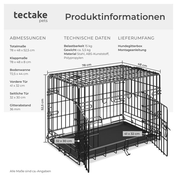 Klappbare Hundegitterbox aus Stahl, Maße 78 mal 48 mal 52,5 Zentimeter, zwei Türen, Kunststoffwanne, Belastbarkeit 15 Kilogramm, tectake pets Logo.