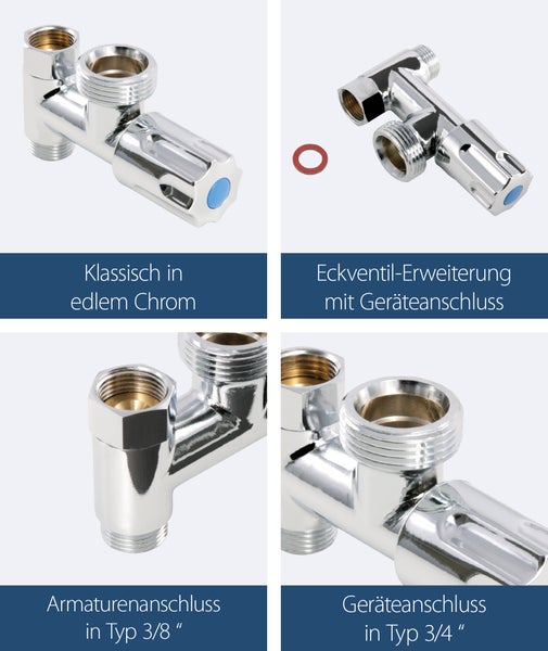 Geräte-Eckventil Eckfix | chrom | mit Geräteanschluss | Anschluss: 3/8 x 3/8 x 3/4 Zoll | Rückflussverhinderer | für nachträglichen Anschluss von Wasch- oder Spülmaschine | Messing | 170093