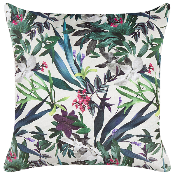 Quadratisches Dekokissen mit botanischem Muster aus tropischen Blättern und Blüten.