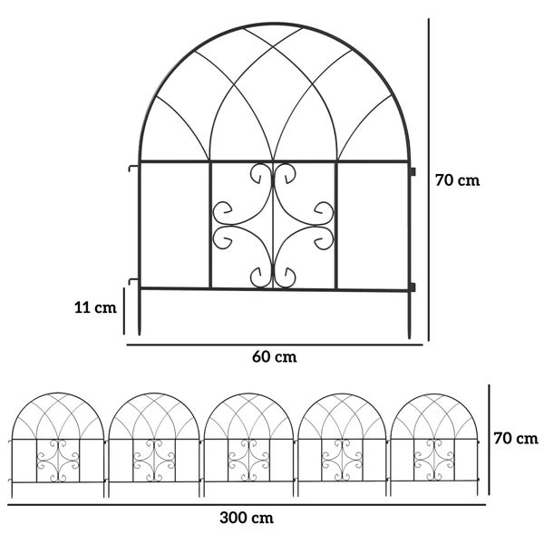 Outsunny Gartenzaun Zaun Stahl 300 cm x 70 cm hoch Dekorativer Gitterzaun Set Zaunelemente Landschaftszaun Oberbogen Zaun für Hunde Hundezaun für Garten Blumenbeete Tierbarriere Außenbereich Schwarz