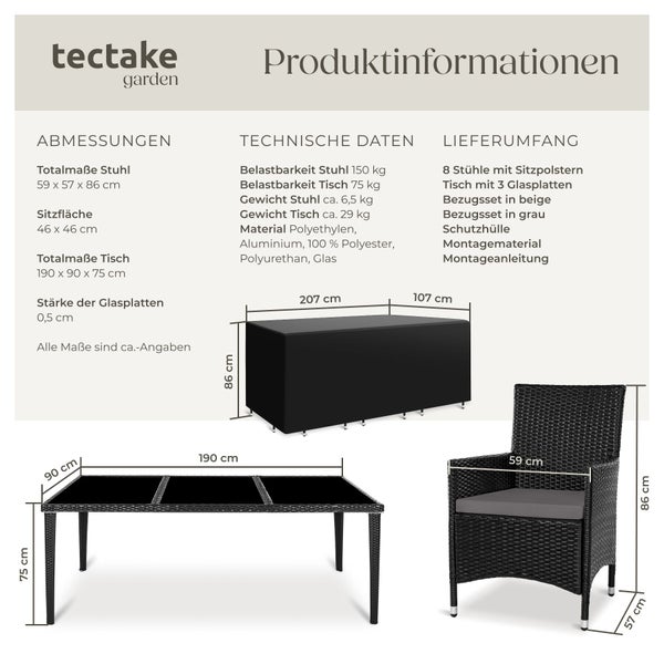 tectake garden Logo und Produktinformationen zum Gartenmöbel-Set mit Abmessungen für Tisch, Stuhl und Schutzhülle sowie technischen Daten.