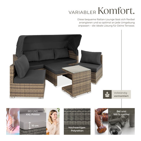 Rattan Lounge tectake San Marino mit Sicherheitsglasplatte, variabel aufstellbar mit Aluminiumgestell natur