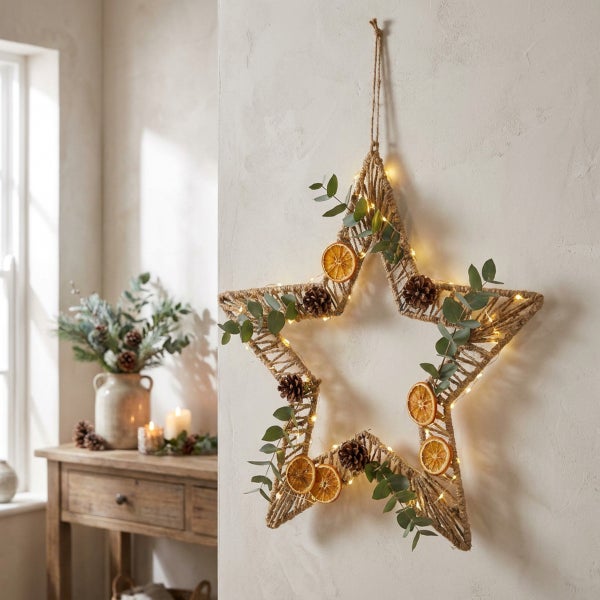 Dekorativer Stern aus Jute mit integrierter LED Beleuchtung, verziert mit getrockneten Orangenscheiben, Tannenzapfen und Eukalyptuszweigen.
