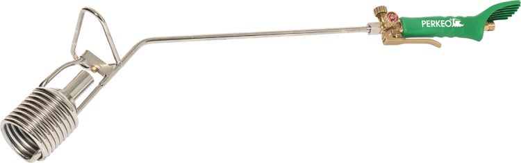 PERKEO Hochleistungsbrenner mit grünem Handgriff, langer Lanze und Brennerkopf für professionelle Lötarbeiten.
