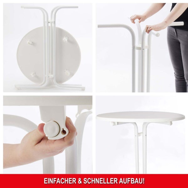 Detailbilder zur einfachen Montage eines weißen klappbaren Stehtisches mit runder Tischplatte.