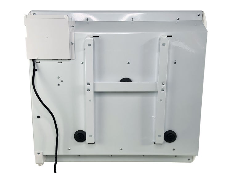 Rückansicht eines weißen Badezimmerspiegelschranks mit Stromanschluss und Montagehalterung