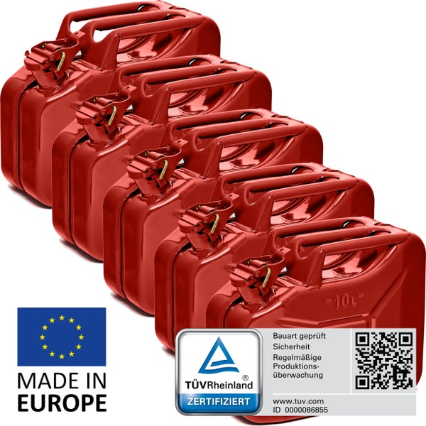 BW® Kraftstoffkanister Metall Benzinkanister 5x 10 Liter - Rot - RAL 3000 - TÜV-geprüft und UN-Zulassung - Made in Europe