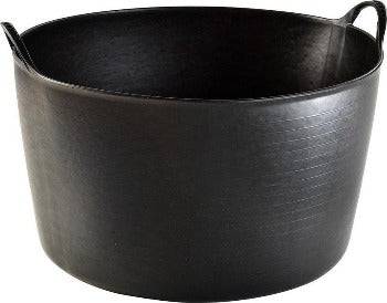 Schwarzer Mörtelkübel mit zwei Griffen.