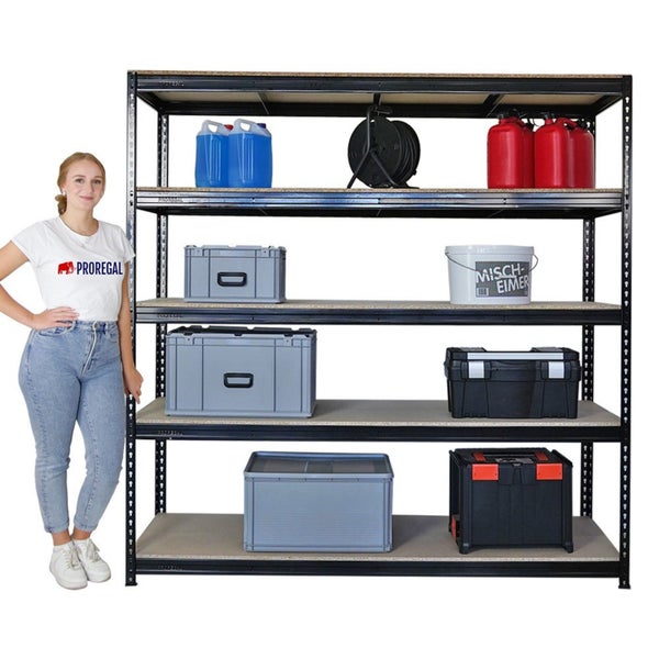PROREGAL Profi Schwerlastregal Bison HxBxT 200 x 180 x 60 cm 5 Spanplatten-Ebenen 16mm Fachlast 600 kg Schwarz