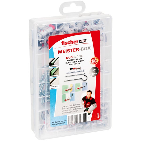 Fischer Meister-Box Duoblade Sortiment mit Dübel, Schrauben und Haken in transparenter Kunststoffbox