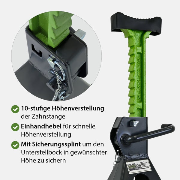 Trutzholm Unterstellbock mit Zahnstange und 10-stufiger Höhenverstellung, Einhandhebel und Sicherungssplint für Kfz-Werkstattarbeiten.