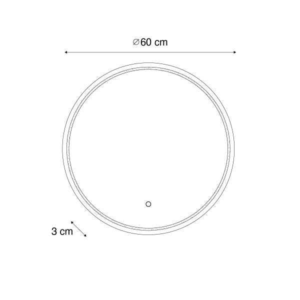Technische Zeichnung eines runden Spiegels mit einem Durchmesser von 60 cm und einer Dicke von 3 cm