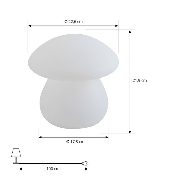 Weiße Tischleuchte Pilzform: Höhe 21,9 Zentimeter, Durchmesser 22,6 Zentimeter, Fuß 17,8 Zentimeter, Kabellänge 100 Zentimeter.