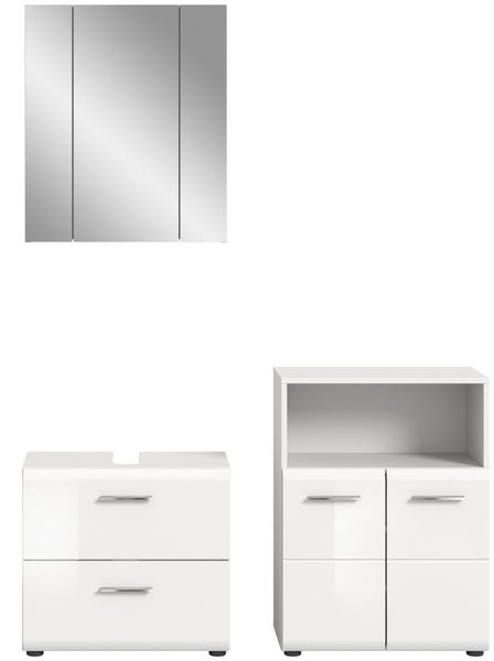 Dreiteiliges Badezimmermöbel-Set mit Spiegelschrank, Waschbeckenunterschrank mit zwei Schubladen und Beistellschrank mit offenem Fach in Hochglanz.