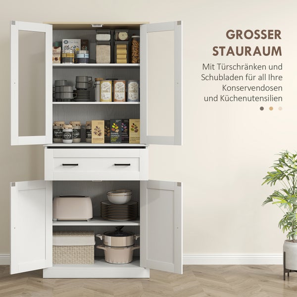 Weißer Küchenschrank mit viel Stauraum, Glaseinsätzen in den oberen Türen, einer Schublade und unteren Schrankfächern für Vorräte und Geschirr.