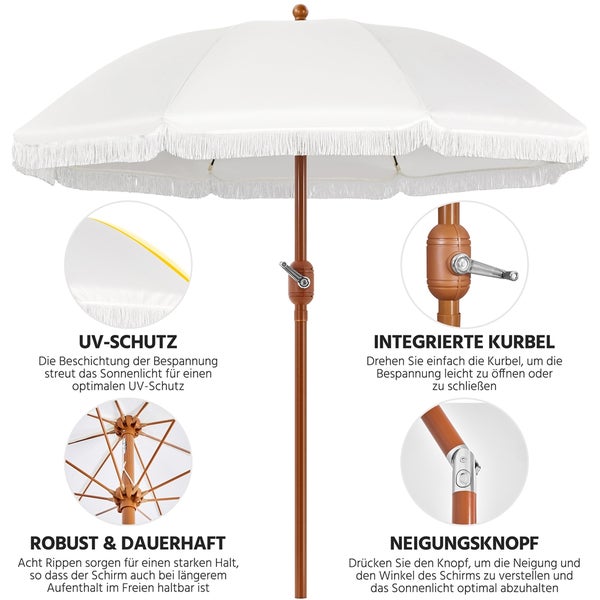 Detailansicht eines weißen Gartenschirms mit UV-Schutz, Kurbel, acht Rippen und Neigungsknopf