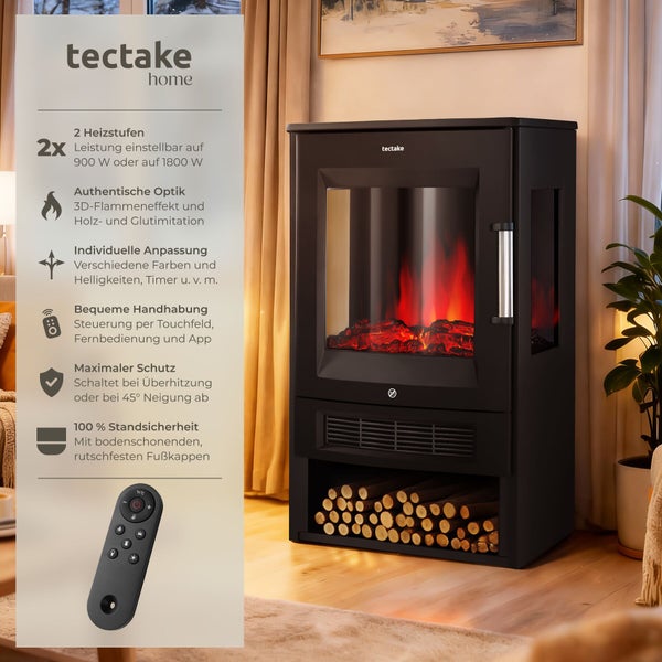 Schwarzer Elektrokamin von tectake home mit Holzablage und Fernbedienung