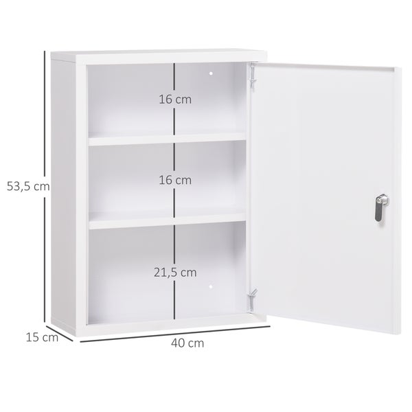 kleankin Medizinschrank, Apothekerschrank mit 3 Fächern, Medikamentenschrank, Abschließbarer Erste Hilfe Schrank mit 2 Schlüsseln, Stahl, Weiß, 40 x 15 x 53,5 cm