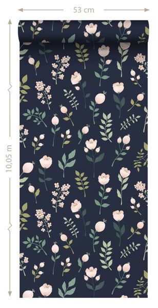 Tapete mit Blumenmuster aus rosa Blüten und grünen Blättern, Breite 53 Zentimeter, Länge 10,05 Meter.