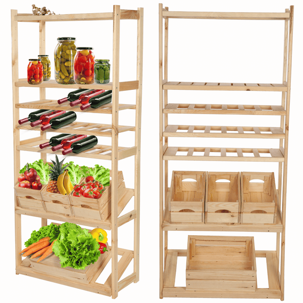 PROREGAL Getränkekisten- & Weinregal SPREEWALD HxBxT 163x70x33cm 18 Flaschen auf 3 Ebenen + 2 Ebenen für Kisten + 2 Ablagen Massives Kiefernholz Natur