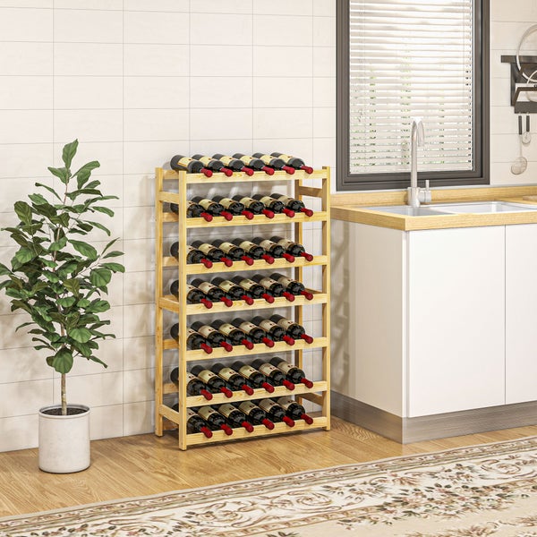 HOMCOM Weinregal Flaschenregal für 42 Weinflaschen, mit 7 Ebenen, Standregal aus Holz, Weinhalter mit Kippschutz für Küche, Natur 63 x 25 x 102 cm