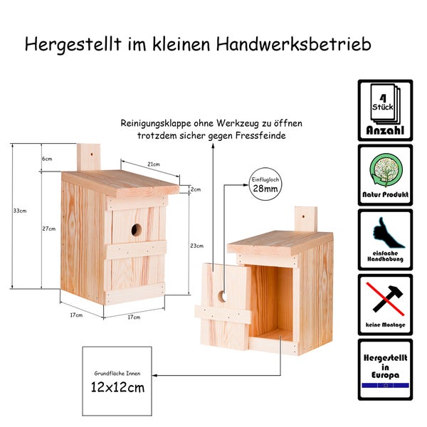 4x Nistkasten für Meisen & Kleinvögel - Vogelhaus aus Massivholz - 27x17x17cm - Brutkasten handgemacht in Europa - Meisenkasten wetterfest mit Einflugloch 28mm