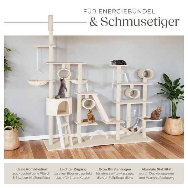 Kratzbaum tectake Snooky inklusive 2 Treppen, 2 Spielkordeln, Kratzbogen, Deckenspanner und Kippschutz 234 bis 261 cm beige