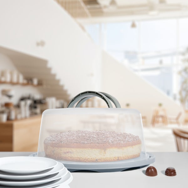 Torten-Transportbox mit transparenter Haube und grauem Tragegriff, gefüllt mit einem Kuchen, in einer hellen, modernen Küche auf einem Tisch.