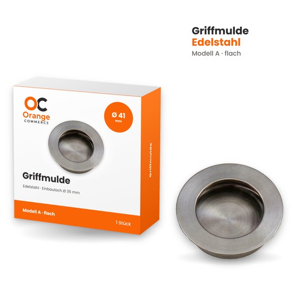 Runde Griffmulde Modell A aus Edelstahl mit 41 Millimeter Durchmesser und 35 Millimeter Einbauloch in Produktverpackung von Orange Commerce