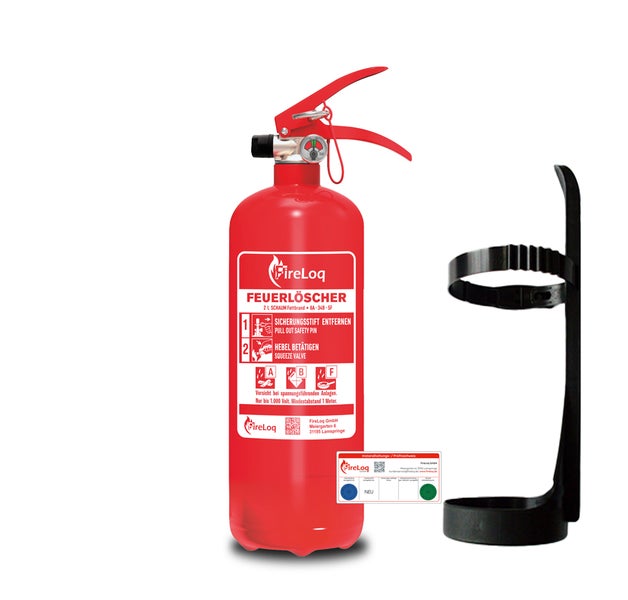 FireLoq Schaum Feuerlöscher 2 Liter mit Wandhalterung zur Brandbekämpfung von Feststoffen, Flüssigkeiten und Speisefetten.