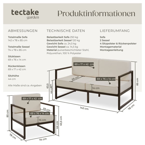 Garten-Loungeset tectake Comosa höhenverstellbare Füße für 4 Personen, Dicke der Sitzpolster 14 cm braun/beige