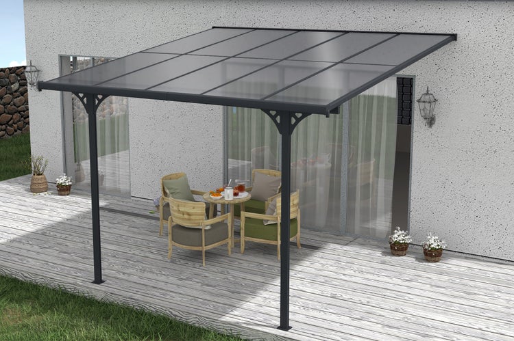 Terrassenüberdachung garten alu Grau KLEO - Höhe verstellbar 313x300x225/270 cm - mit Polycarbonat Dach Grau halbtransparent 6mm Auch Pergola/Carport