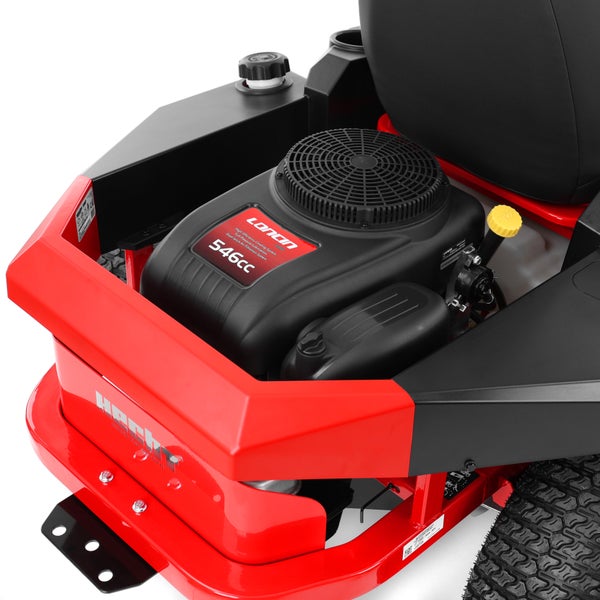 Bedienpanel eines Rasenmähers mit rotem Geschwindigkeitshebel, rotem Messerschalter und Zündschlüssel.