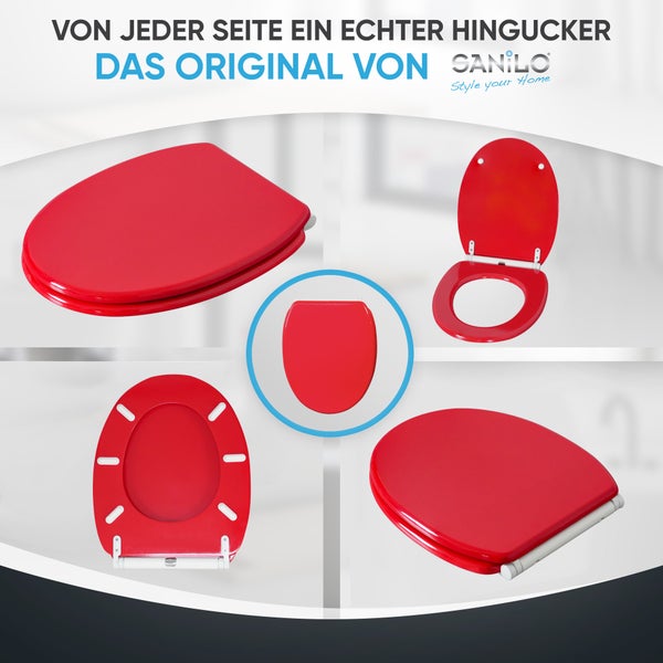 Roter Sanilo Toilettensitz in verschiedenen Ansichten: geschlossen, geöffnet, von oben und unten gesehen. Sanilo Logo.